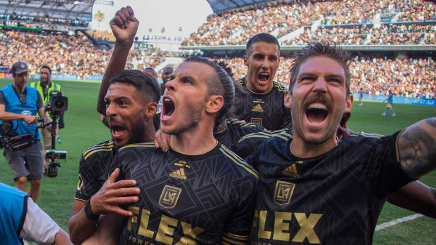 Gareth Bale pictured (center) after scoring for LAFC in the 2022 MLS Cup final