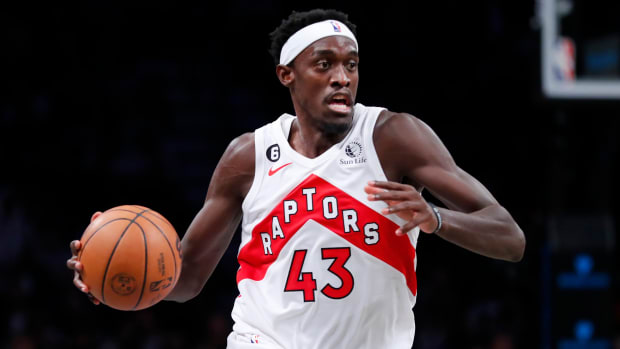 Raptors forward Pascal Siakam drives to the basket during a game against the Nets.
