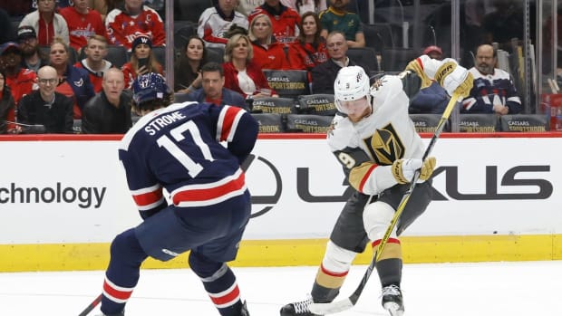 Nov 1, 2022; Washington, District of Columbia, USA; Vegas Golden Knights center Jack Eichel (9) skates with the puck as Washington Capitals center Dylan Strome (17) defends in overtime at Capital One Arena. Mandatory Credit: Geoff Burke-USA TODAY Sports