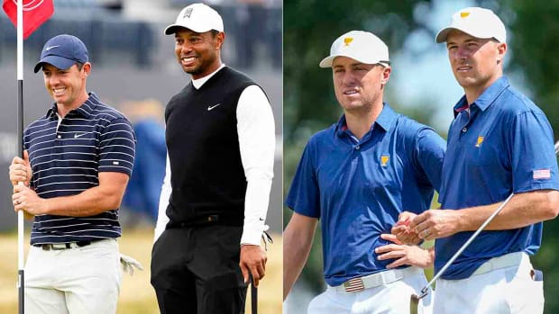 Rory McIlroy and Tiger Woods are pictured at the 2022 British Open, while Justin Thomas and Jordan Spieth are pictured at the 2022 Presidents Cup.