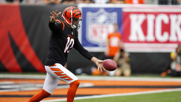 Sep 11, 2022; Cincinnati, Ohio, USA; Cincinnati Bengals punter Kevin Huber (10) punts during the fourth quarter of a Week 1 NFL football game against the Pittsburgh Steelers at Paycor Stadium. Mandatory Credit: Sam Greene-USA TODAY Sports