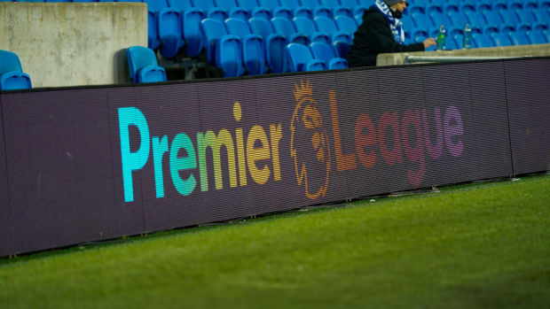 The Premier League logo pictured on display ahead of a game between Brighton and Leeds in 2021