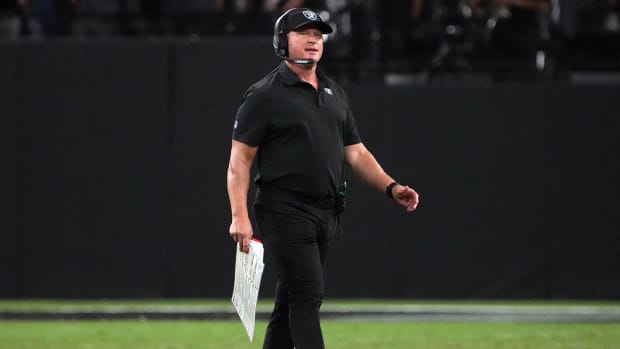 Raiders coach Jon Gruden reacts against the Ravens during the second half at Allegiant Stadium.