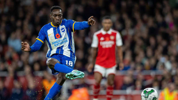 Danny Welbeck pictured scoring from a penalty kick during Brighton's 3-1 win at Arsenal in the EFL Cup in November 2022