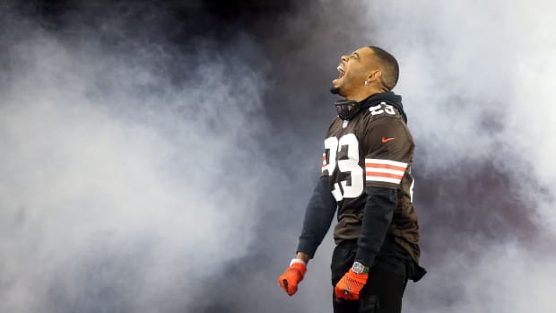 Former Browns cornerback Joe Haden takes the field before a game against the Bengals, Monday, Oct. 31, 2022, in Cleveland.