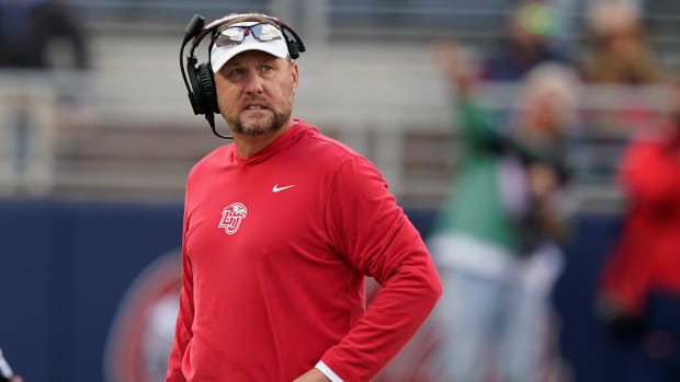 Liberty head coach Hugh Freeze looks towards his team during the second half of an NCAA college football game against Mississippi in Oxford, Miss., Saturday, Nov. 6, 2021. Mississippi won 27-14. (AP Photo/Rogelio V. Solis)