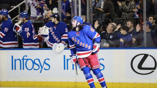 Nov 6, 2022; New York, New York, USA; New York Rangers center Mika Zibanejad (93) looks up at the scoreboard after scoring a goal in the first period against the Detroit Red Wings at Madison Square Garden. Mandatory Credit: Wendell Cruz-USA TODAY Sports