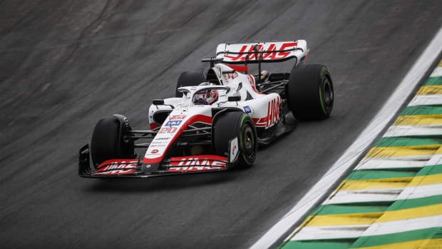 Haas driver Kevin Magnussen circles the track during the third qualifying session at the Brazil Grand Prix.