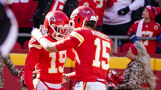 Nov 13, 2022; Kansas City, Missouri, USA; Kansas City Chiefs wide receiver Kadarius Toney (19) celebrates with quarterback Patrick Mahomes (15) after a touchdown against the Jacksonville Jaguars during the first half of the game at GEHA Field at Arrowhead Stadium. Mandatory Credit: Denny Medley-USA TODAY Sports