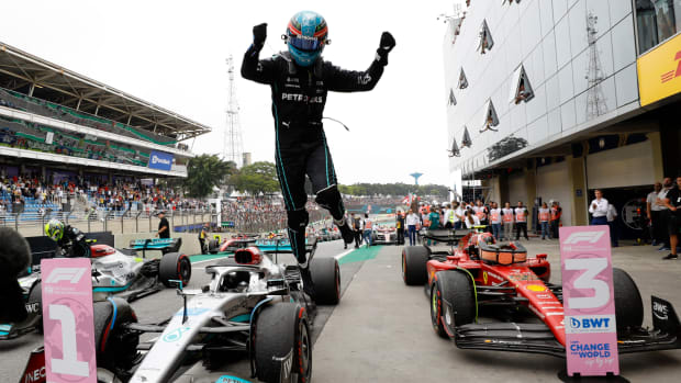 Mercedes driver George Russell celebrates his victory at the São Paulo Grand Prix.