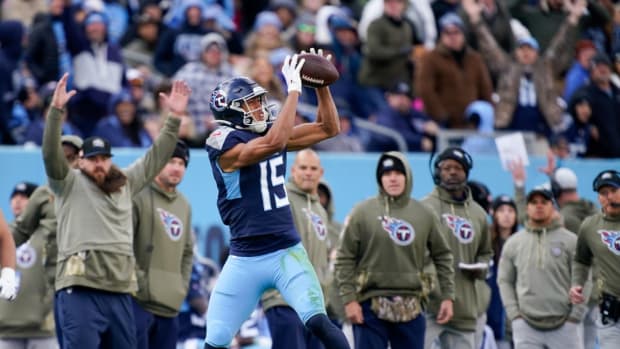 Tennessee Titans wide receiver Nick Westbrook-Ikhine (15) catches a touchdown pass during the third quarter against the Denver Broncos at Nissan Stadium.