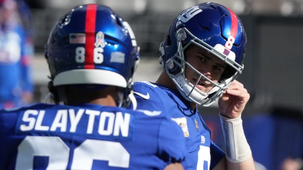 Darius Slayton and Daniel Jones of the Giants during warm ups prior to the Houston Texans at the New York Giants in a game played at MetLife Stadium in East Rutherford, NJ on November 13, 2022.
