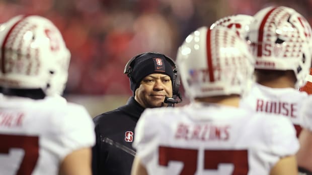 Stanford Cardinal head coach David Shaw looks on during a time out against the Utah Utes in the first quarter at Rice-Eccles Stadium.