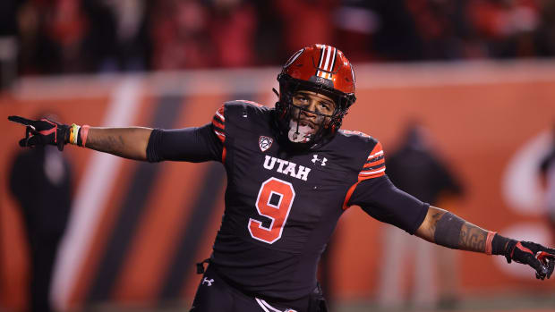 Utah Utes running back Tavion Thomas (9) celebrates a touchdown against the Stanford Cardinal in the fourth quarter at Rice-Eccles Stadium.