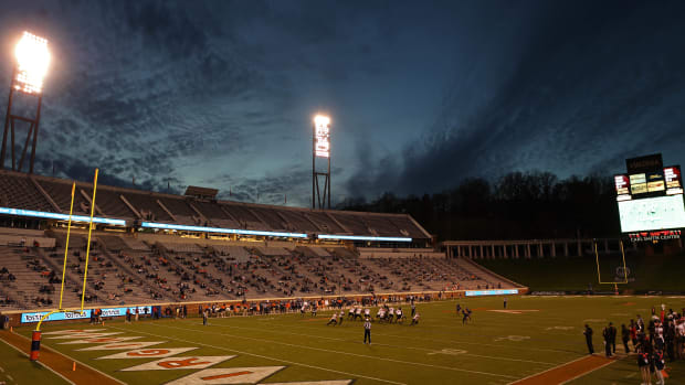 A view of the game between the Louisville Cardinals and the Virginia Cavaliers in the third quarter at Scott Stadium.