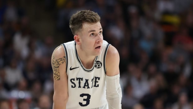 Feb 26, 2022; Logan, Utah, USA; Utah State Aggies guard Steven Ashworth (3) reacts to a play in the second half against the Colorado State Rams at Dee Glen Smith Spectrum. Mandatory Credit: Rob Gray-USA TODAY Sports