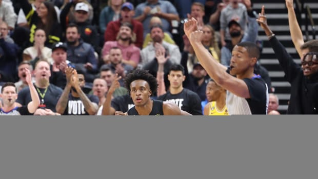 Nov 7, 2022; Salt Lake City, Utah, USA; Utah Jazz guard Collin Sexton (2) reacts to making a three point shot against the Los Angeles Lakers in the third quarter at Vivint Arena. Mandatory Credit: Rob Gray-USA TODAY Sports