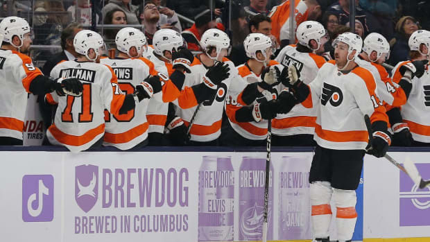 Nov 15, 2022; Columbus, Ohio, USA; Philadelphia Flyers center Kevin Hayes (13) celebrates a goal against the Columbus Blue Jackets during the second period at Nationwide Arena. Mandatory Credit: Russell LaBounty-USA TODAY Sports