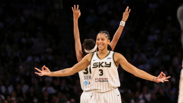 Chicago Sky forward Candace Parker (3) celebrates in the fourth quarter against the New York Liberty