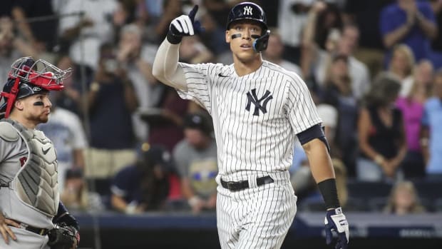 Yankees outfielder Aaron Judge points to the crowd after hitting a home run vs. the Boston Red Sox.