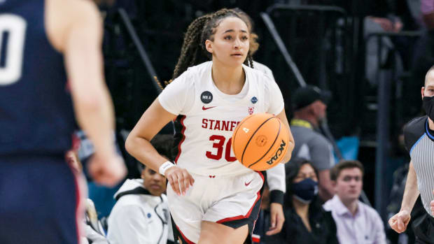 Stanford’s Haley Jones drives up the court in the Final Four.