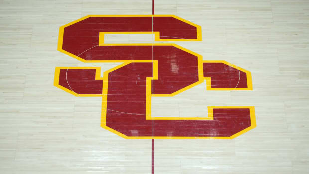 A detailed view of the Southern California Trojans SC logo.