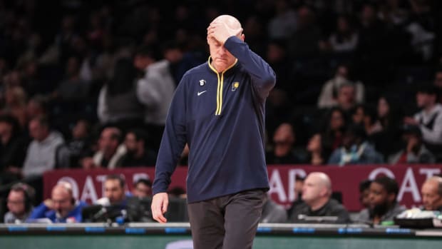 Oct 29, 2022; Brooklyn, New York, USA; Indiana Pacers head coach Rick Carlisle reacts after calling a time out in the first quarter against the Brooklyn Nets at Barclays Center.