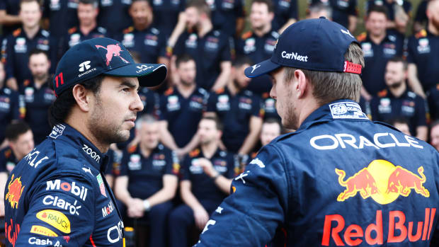 Red Bull drivers Sergio Perez and Max Verstappen before the team picture