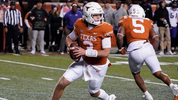 Nov 12, 2022; Austin, Texas, USA; Texas Longhorns quarterback Quinn Ewers (3) looks to throw a pass during the second half against the Texas Christian Horned Frogs at Darrell K Royal-Texas Memorial Stadium. Mandatory Credit: Scott Wachter-USA TODAY Sports
