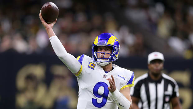 Los Angeles Rams quarterback Matthew Stafford (9) makes a throw in the second quarter against the New Orleans Saints at the Caesars Superdome.