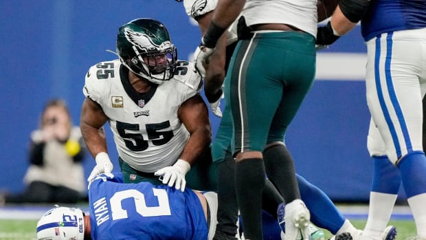 Indianapolis Colts quarterback Matt Ryan (2) is sacked by Philadelphia Eagles defensive end Brandon Graham (55) on Sunday, Nov. 20, 2022, during a game against the Philadelphia Eagles at Lucas Oil Stadium in Indianapolis.