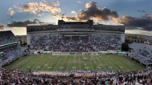 A view of the stadium during the second half of the game between the Virginia Tech Hokies and the Pittsburgh Panthers at Lane Stadium.