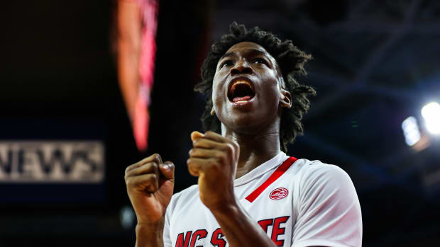 Nov 11, 2022; Raleigh, North Carolina, USA; North Carolina State Wolfpack guard Jarkel Joiner (1) reacts during the second half against Campbell Fighting Camels at PNC Arena.