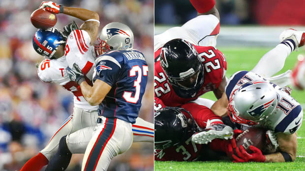 Giants receiver David Tyree and Falcons receiver Julian Edelman are credited with two of the greatest catches in Super Bowl history.