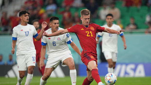 Dani Olmo (no.21) pictured scoring Spain's 100th World Cup goal, during a win over Costa Rica at the 2022 tournament in Qatar