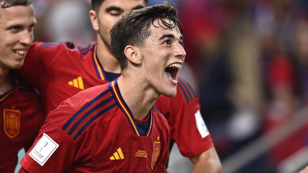 Gavi pictured after scoring for Spain on his World Cup debut aged just 18 years and 110 days