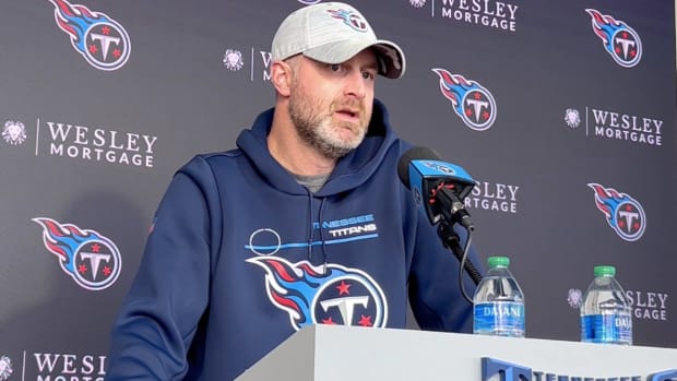 Tennessee Titans defensive coordinator Shane Bowen answeres questions from reporters on Nov. 23, 2022.
