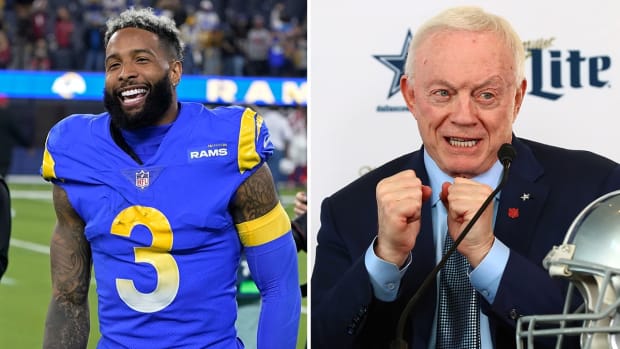 Left: Rams wide receiver Odell Beckham Jr. laughs while walking off the field. Right: Dallas Cowboys owner Jerry Jones speaks with media.