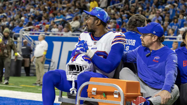 Nov 24, 2022; Detroit, Michigan, USA; Buffalo Bills linebacker Von Miller (40) is carted off the field during the second quarter of a game against the Detroit Lions at Ford Field.
