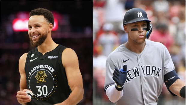 Golden State Warriors PG Stephen Curry with New York Yankees RF Aaron Judge