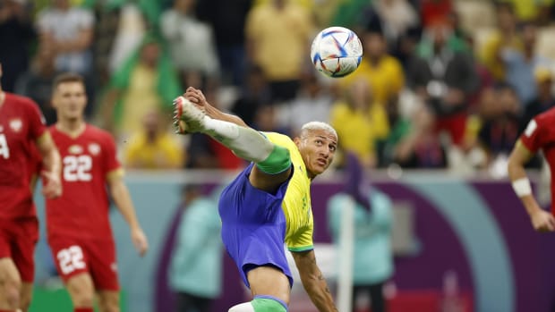 Nov 24, 2022; Lusail, Qatar; Brazil forward Richarlison (9) scores a goal against Serbia during the second half in a group stage match during the 2022 World Cup at Lusail Stadium.