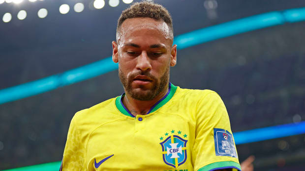 Brazil forward Neymar (10) reacts against Serbia during the first half in a group stage match during the 2022 World Cup at Lusail Stadium.