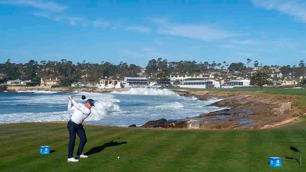 Robby Shelton hits his tee shot on the 18th hole during the 2023 AT&T Pebble Beach Pro-Am golf tournament at Pebble Beach Golf Links.