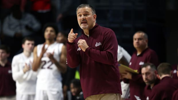 Jan 30, 2024; Oxford, Mississippi, USA; Mississippi State Bulldogs head coach Chris Jans gives direction during the first half against the Mississippi Rebels at The Sandy and John Black Pavilion at Ole Miss. Mandatory Credit: Petre Thomas-USA TODAY Sports