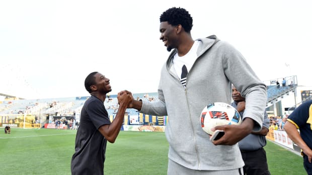 Union defender Ray Gaddis with Embiid before Philadelphia's 1-1 draw with the Montreal Impact on Sept. 10, 2016.