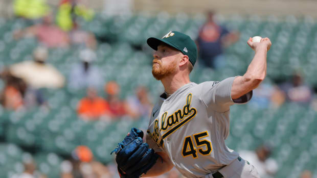 Jul 6, 2023; Detroit, Michigan, USA; Oakland Athletics relief pitcher Richard Lovelady (45) pitches in the eighth inning against the Detroit Tigers at Comerica Park. Mandatory Credit: Rick Osentoski-USA TODAY Sports