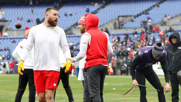 Kelce and Tucker before the Chiefs' 17-10 win over the Ravens in the AFC championship on Jan. 28, 2024.