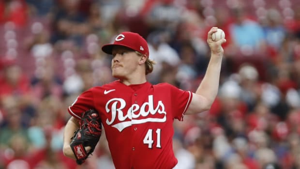 Aug 16, 2023; Cincinnati, Ohio, USA; Cincinnati Reds starting pitcher Andrew Abbott (41) throws against the Cleveland Guardians during the first inning at Great American Ball Park. Mandatory Credit: David Kohl-USA TODAY Sports  