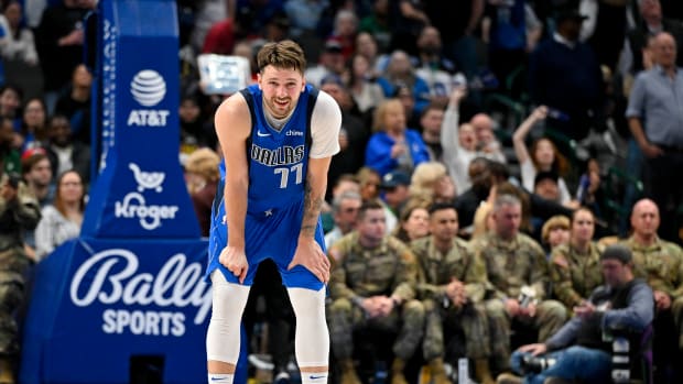 Jan 29, 2024; Dallas, Texas, USA; Dallas Mavericks guard Luka Doncic (77) waits for play to resume against the Orlando Magic during the second half at the American Airlines Center.