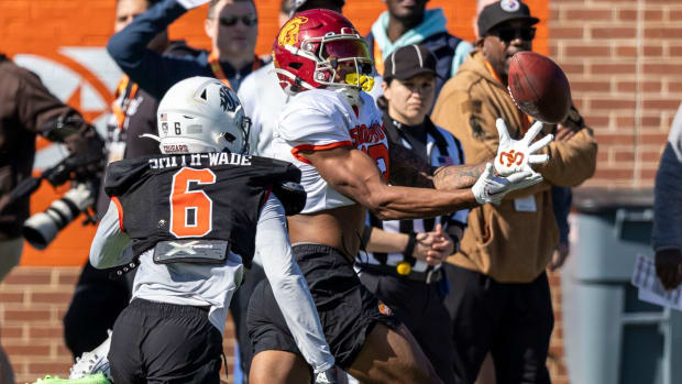 National team wide reciever Brenden Rice of USC attempts to make a catch during a Senior Bowl practice.